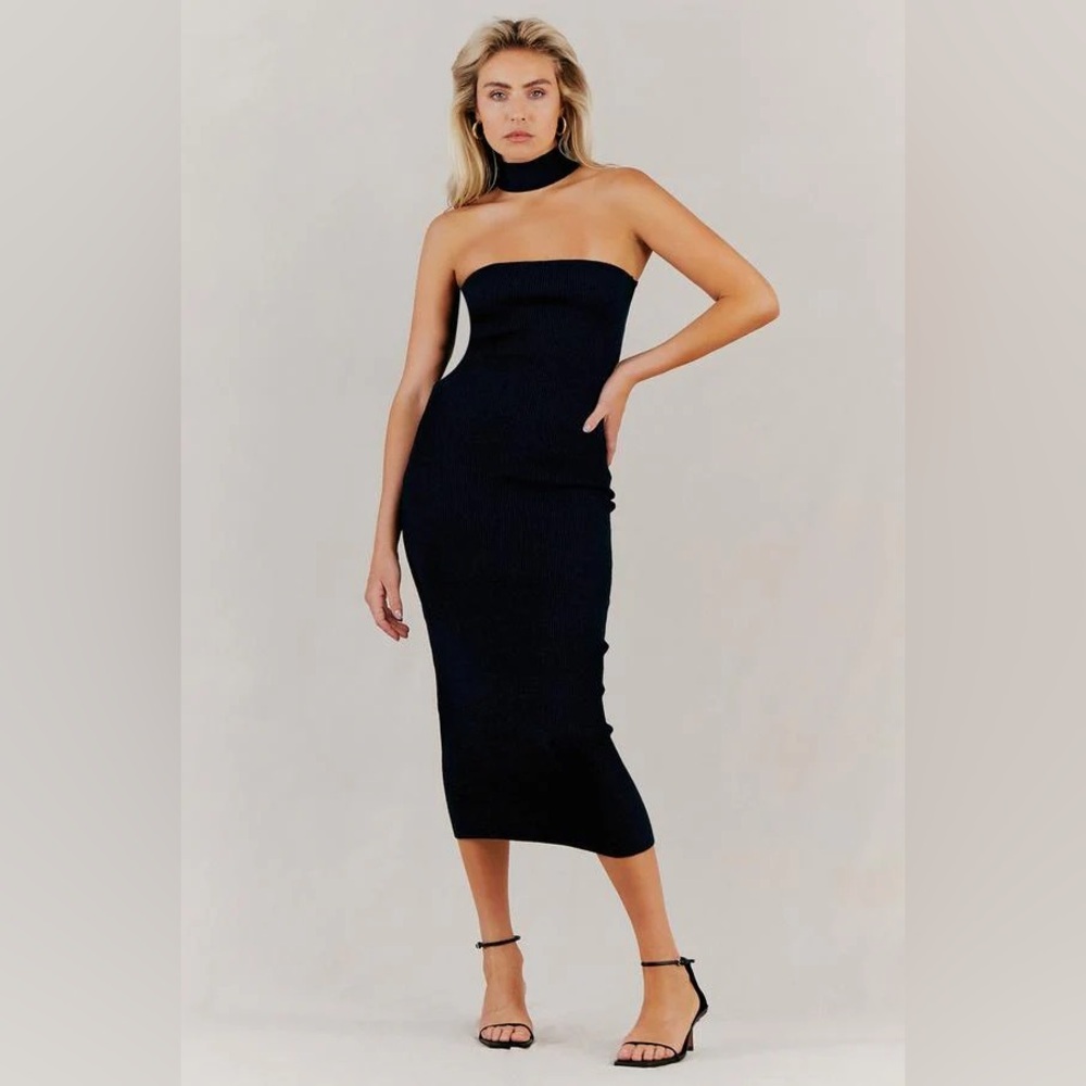 New Mischa Elegant Black Strapless Midi Dress
